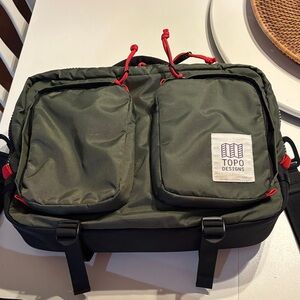 Topo Designs Olive and Black Backpack global briefcase
